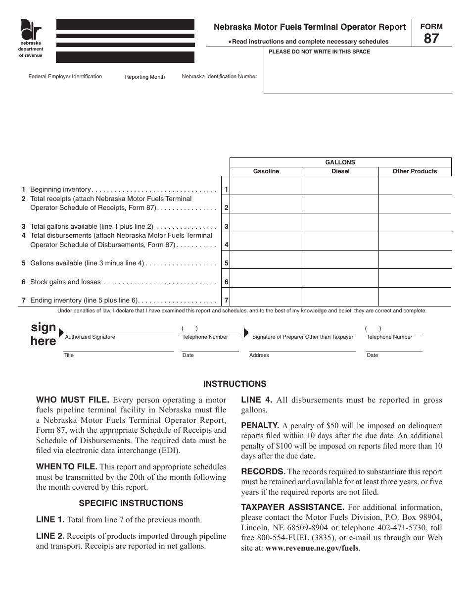 Form 87 Nebraska Motor Fuels Terminal Operator Report - Nebraska, Page 1