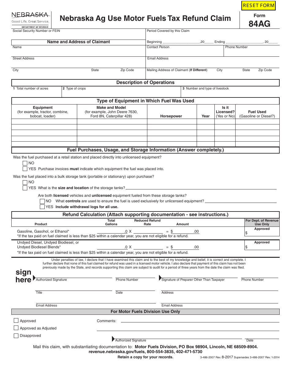 Form 84AG Nebraska Ag Use Motor Fuels Tax Refund Claim - Nebraska, Page 1