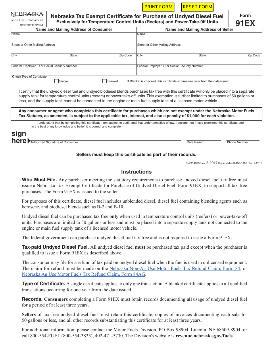Form 91EX Nebraska Tax Exempt Certificate for Purchase of Undyed Diesel Fuel - Exclusively for Temperature Control Units (Reefers) and Power-Take-0ff Units - Nebraska, Page 1