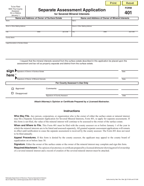 Form 401 Separate Assessment Application for Severed Mineral Interests - Nebraska