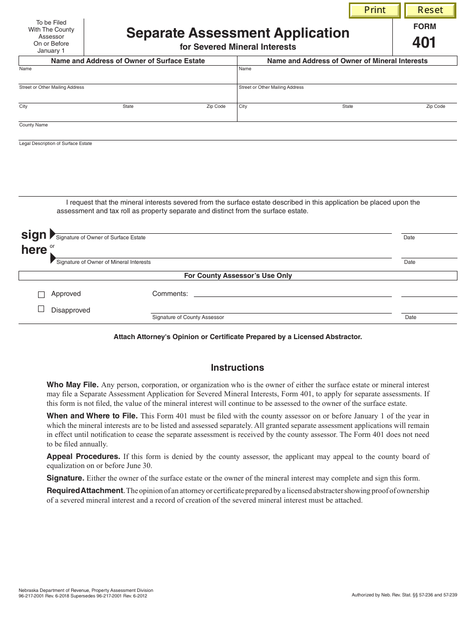 Form 401 Separate Assessment Application for Severed Mineral Interests - Nebraska, Page 1