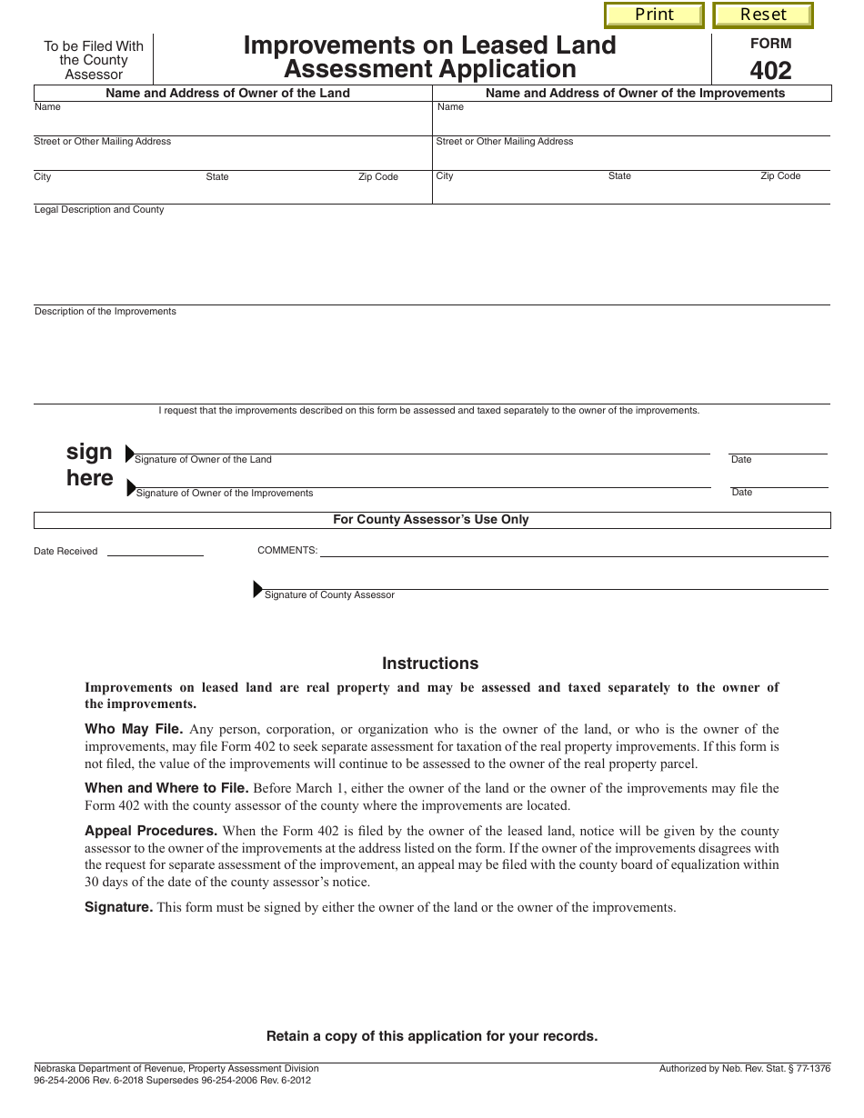 Form 402 Improvements on Leased Land Assessment Application - Nebraska, Page 1
