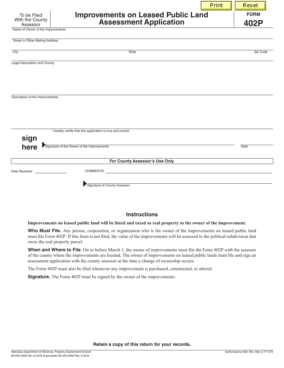 Form 402P Improvements on Leased Public Land Assessment Application - Nebraska, Page 1