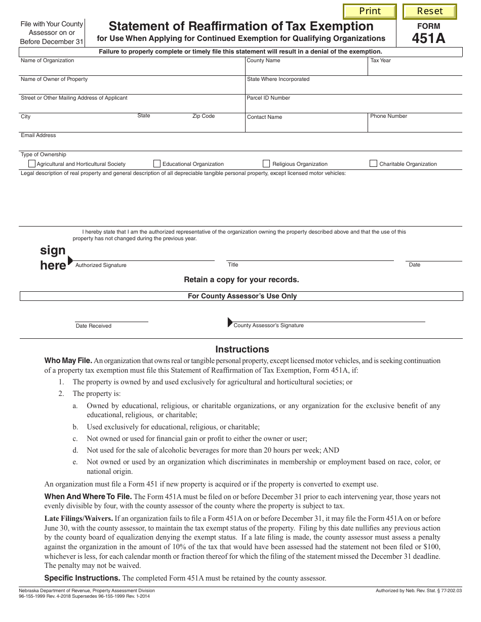 Form 451A Statement of Reaffirmation of Tax Exemption for Use When Applying for Continued Exemption for Qualifying Organizations - Nebraska, Page 1