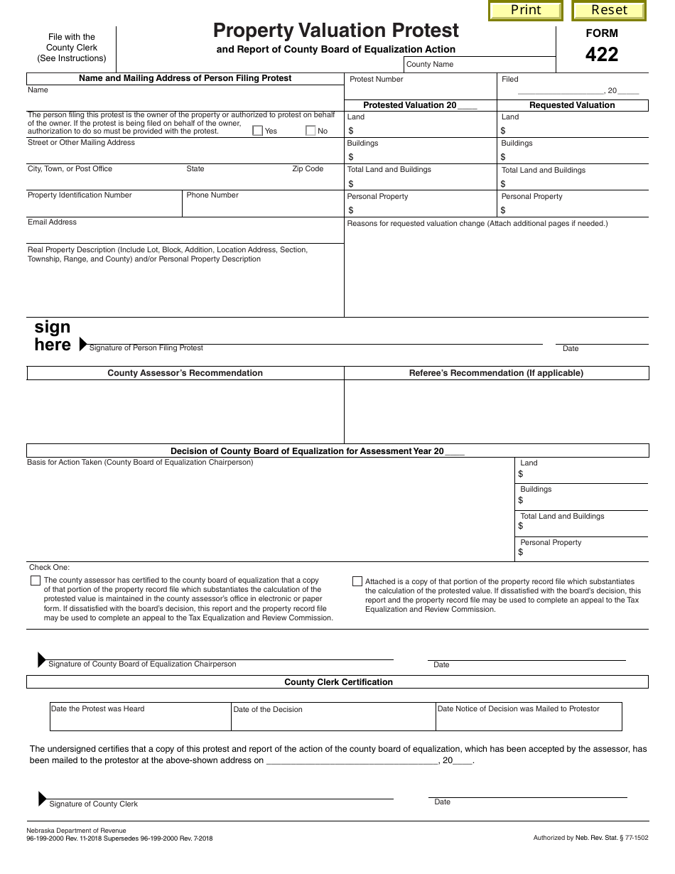 Form 422 Property Valuation Protest and Report of County Board of Equalization Action - Nebraska, Page 1