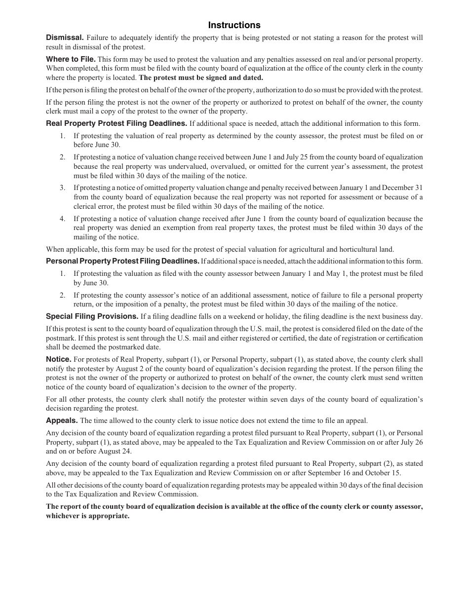 Form 422A Property Valuation Protest and Report of County Board of Equalization Action - Nebraska, Page 2