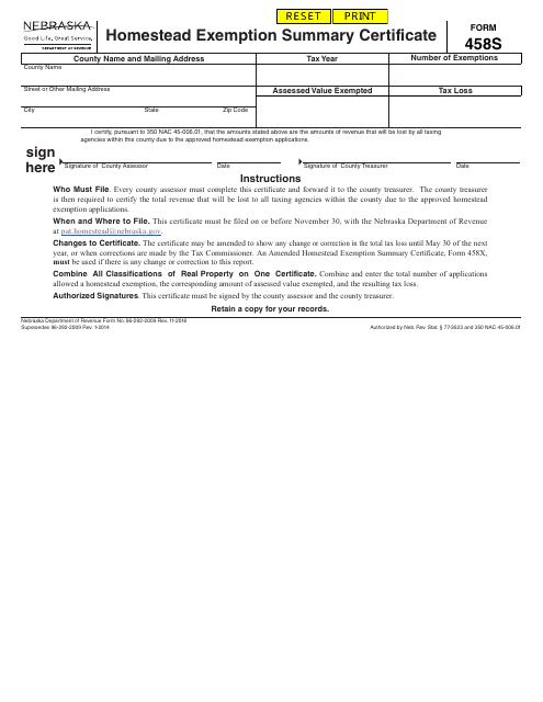 Form 458S Homestead Exemption Summary Certificate - Nebraska