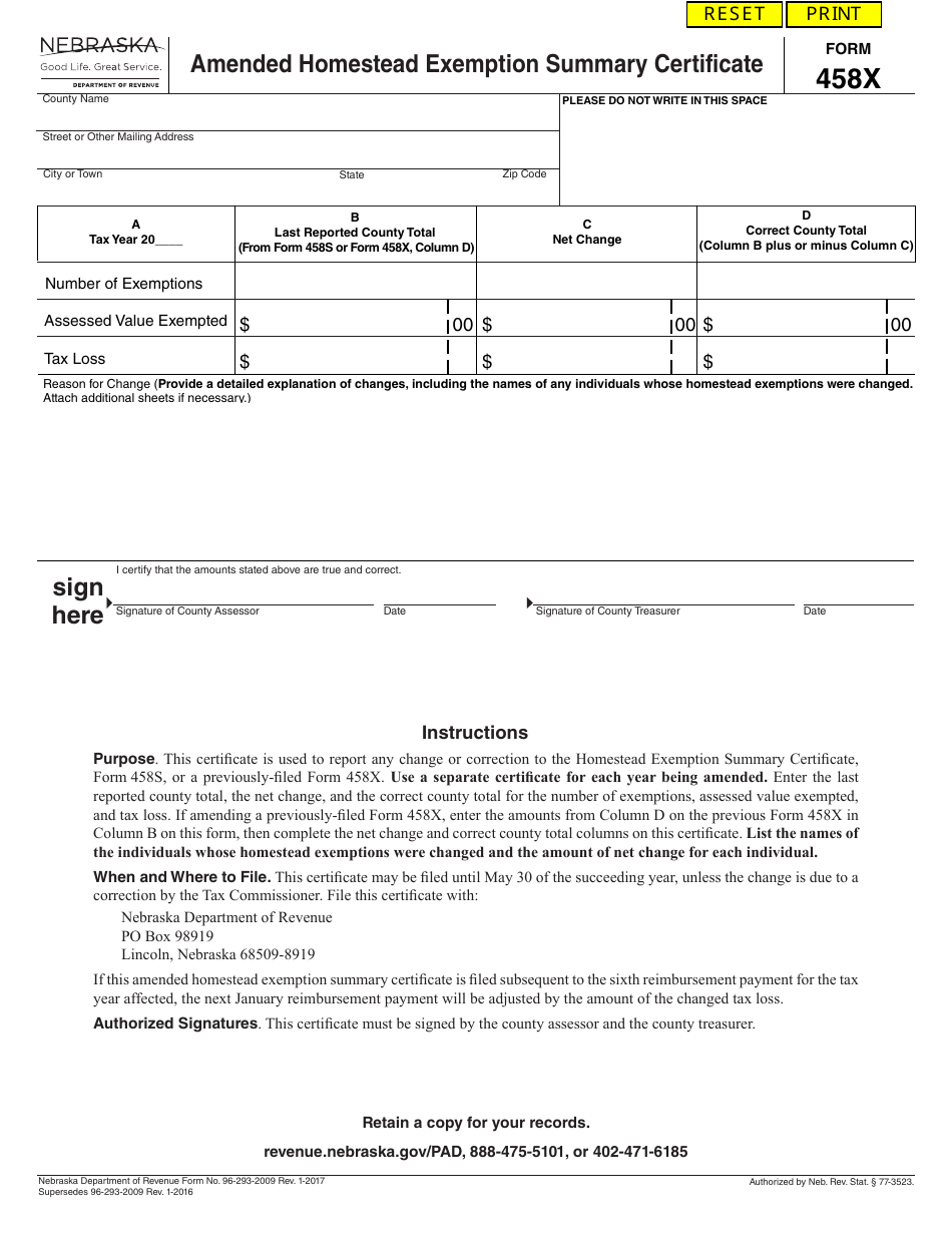 Form 458X Amended Homestead Exemption Summary Certificate - Nebraska, Page 1