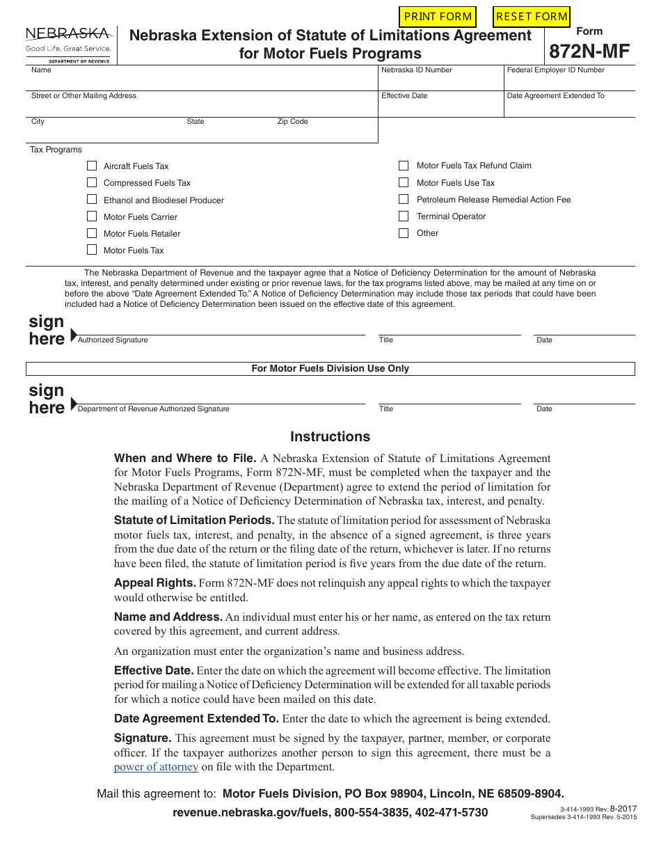 Form 872N-MF Nebraska Extension of Statute of Limitations Agreement for Motor Fuels Programs - Nebraska, Page 1