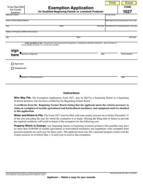Form 1027  Printable Pdf