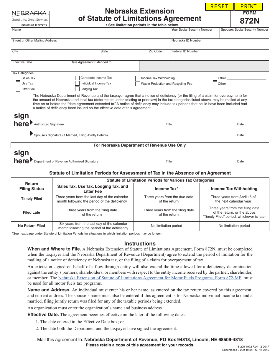 Form 872N Download Fillable PDF or Fill Online Nebraska Extension of