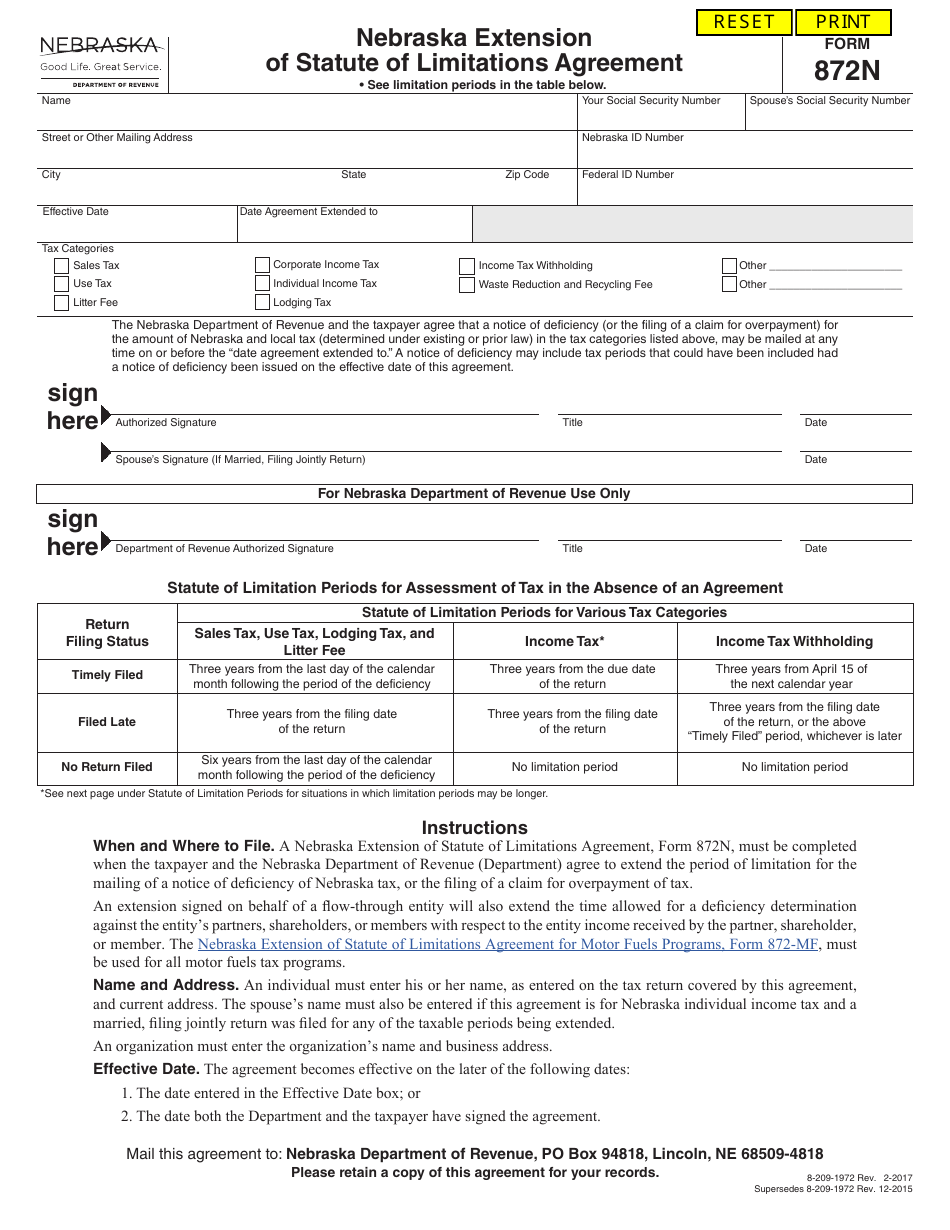 Form 872N Nebraska Extension of Statute of Limitations Agreement - Nebraska, Page 1