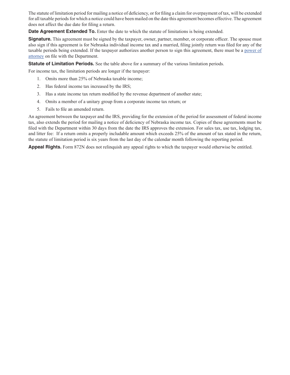 Form 872N Nebraska Extension of Statute of Limitations Agreement - Nebraska, Page 2