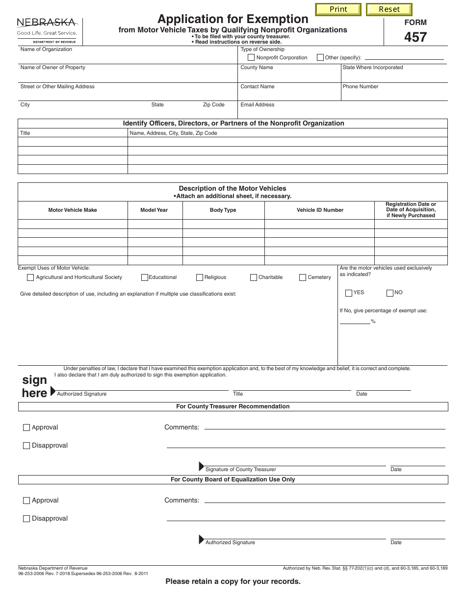 Form 457 Application for Exemption From Motor Vehicle Taxes by Qualifying Nonprofit Organizations - Nebraska, Page 1