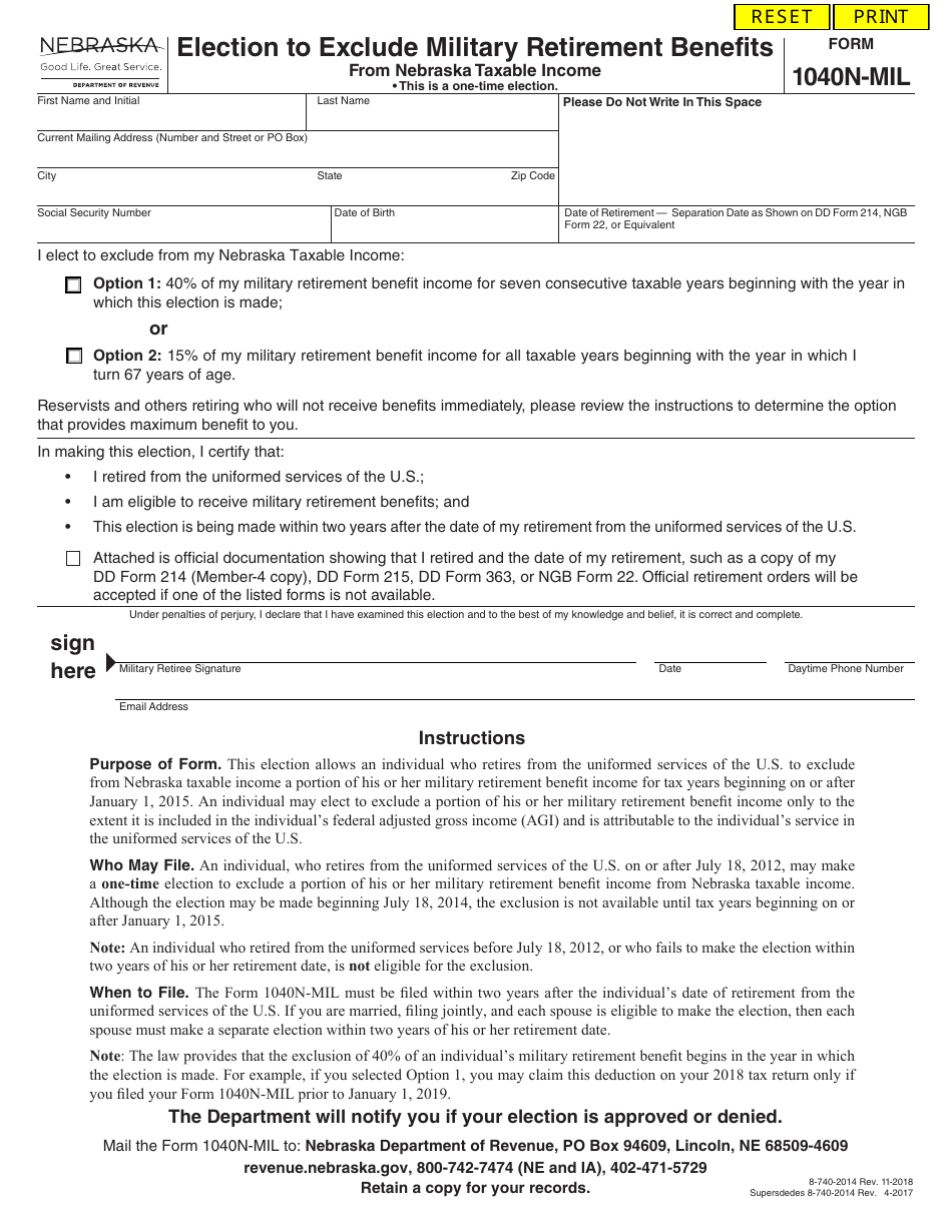 Form 1040N-MIL Election to Exclude Military Retirement Benefits From Nebraska Taxable Income - Nebraska, Page 1