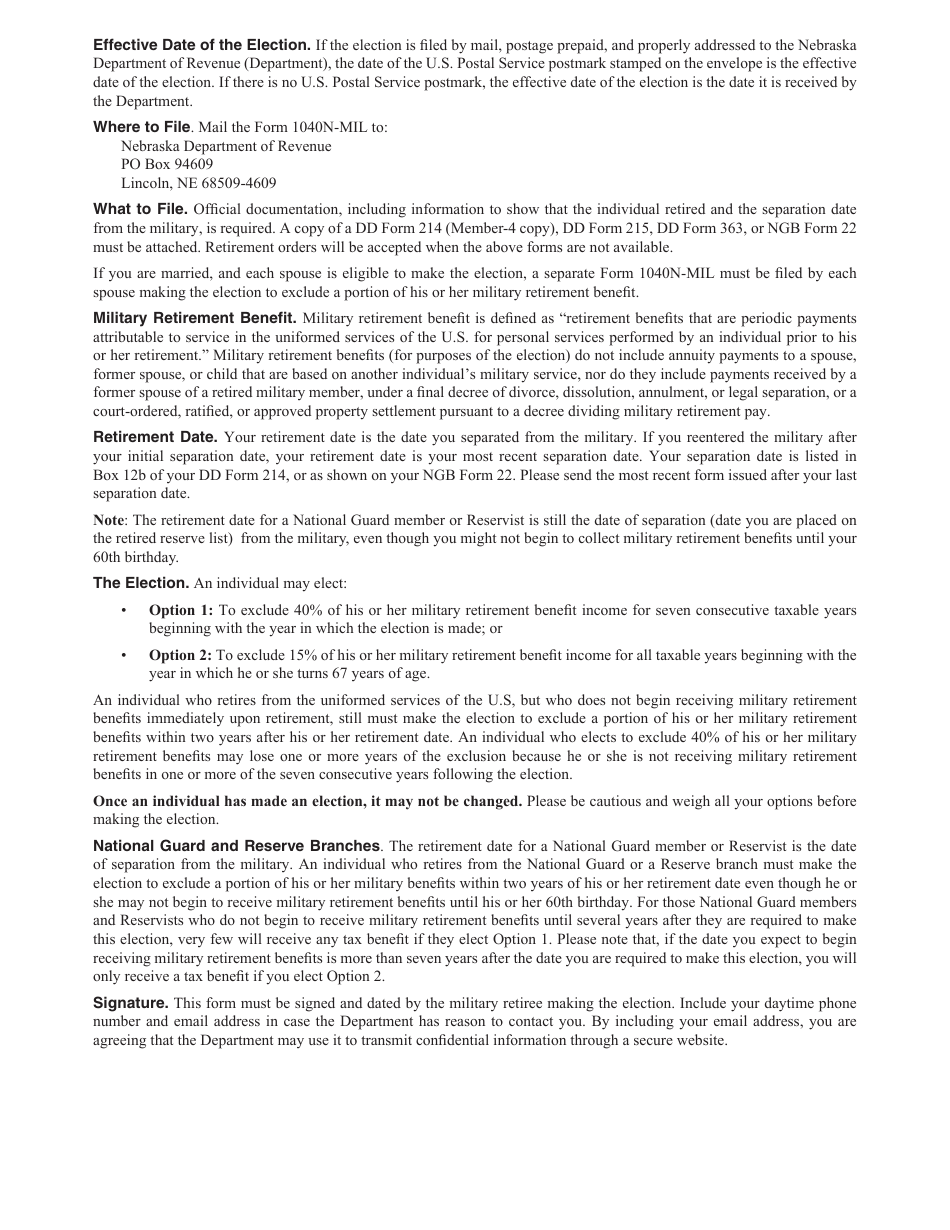 Form 1040N-MIL Election to Exclude Military Retirement Benefits From Nebraska Taxable Income - Nebraska, Page 2