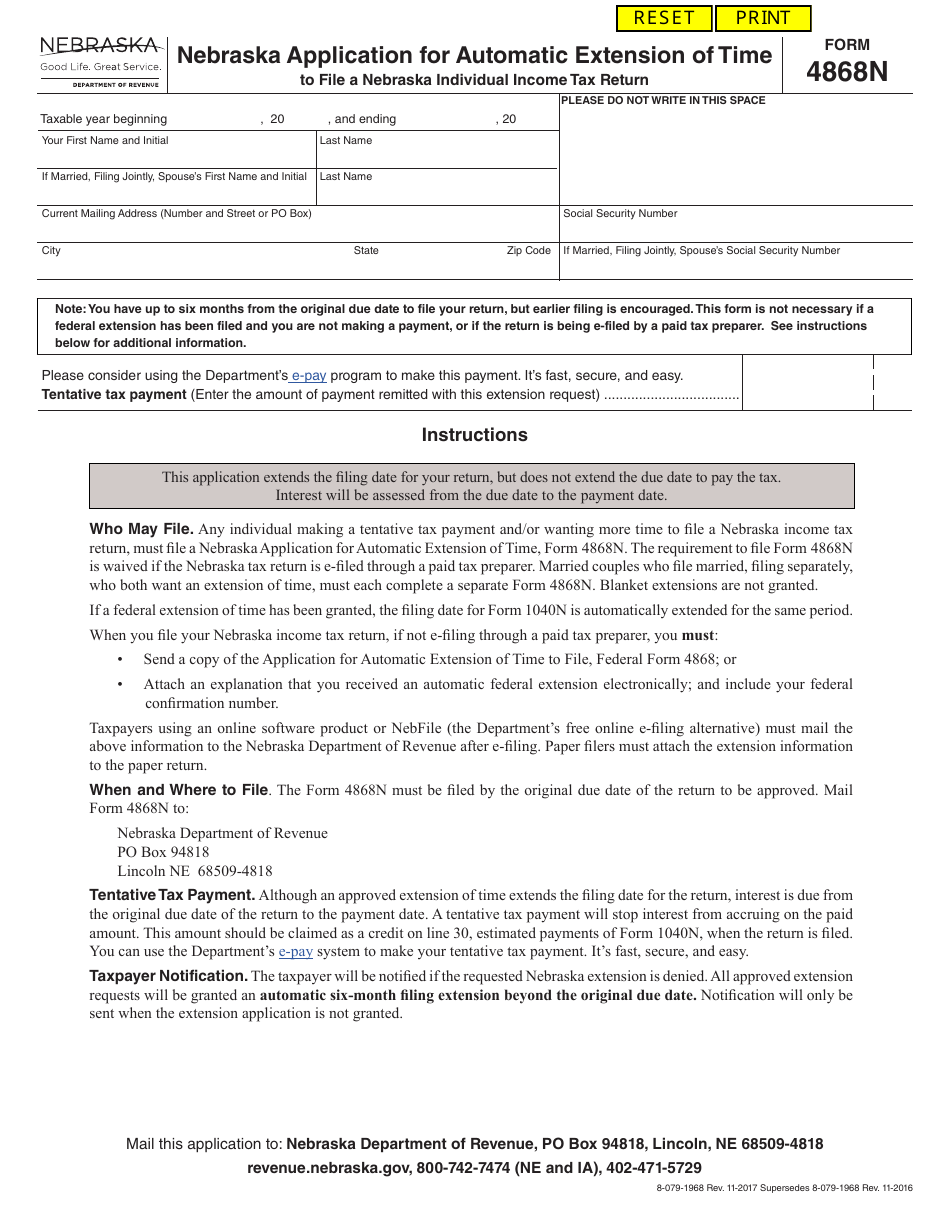 Form 4868N Nebraska Application for Automatic Extension of Time - Nebraska, Page 1