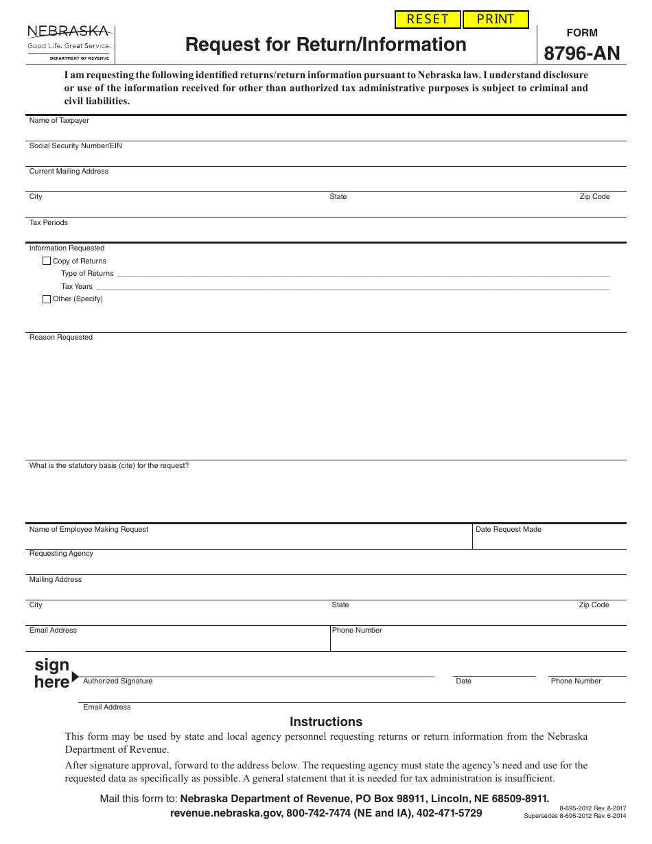 Form 8796-AN Request for Return / Information - Nebraska, Page 1