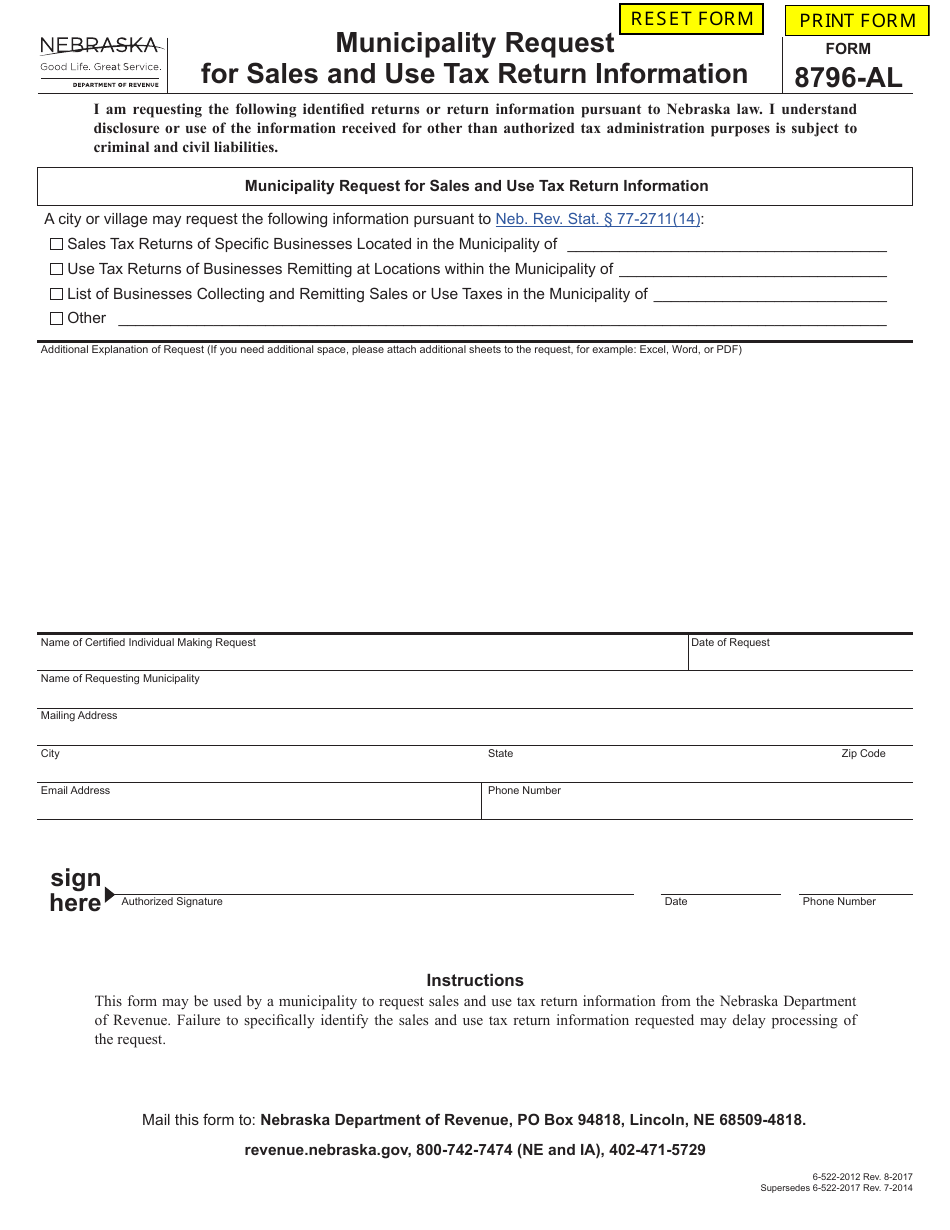 Form 8796-AL Municipality Request for Sales and Use Tax Return Information - Nebraska, Page 1