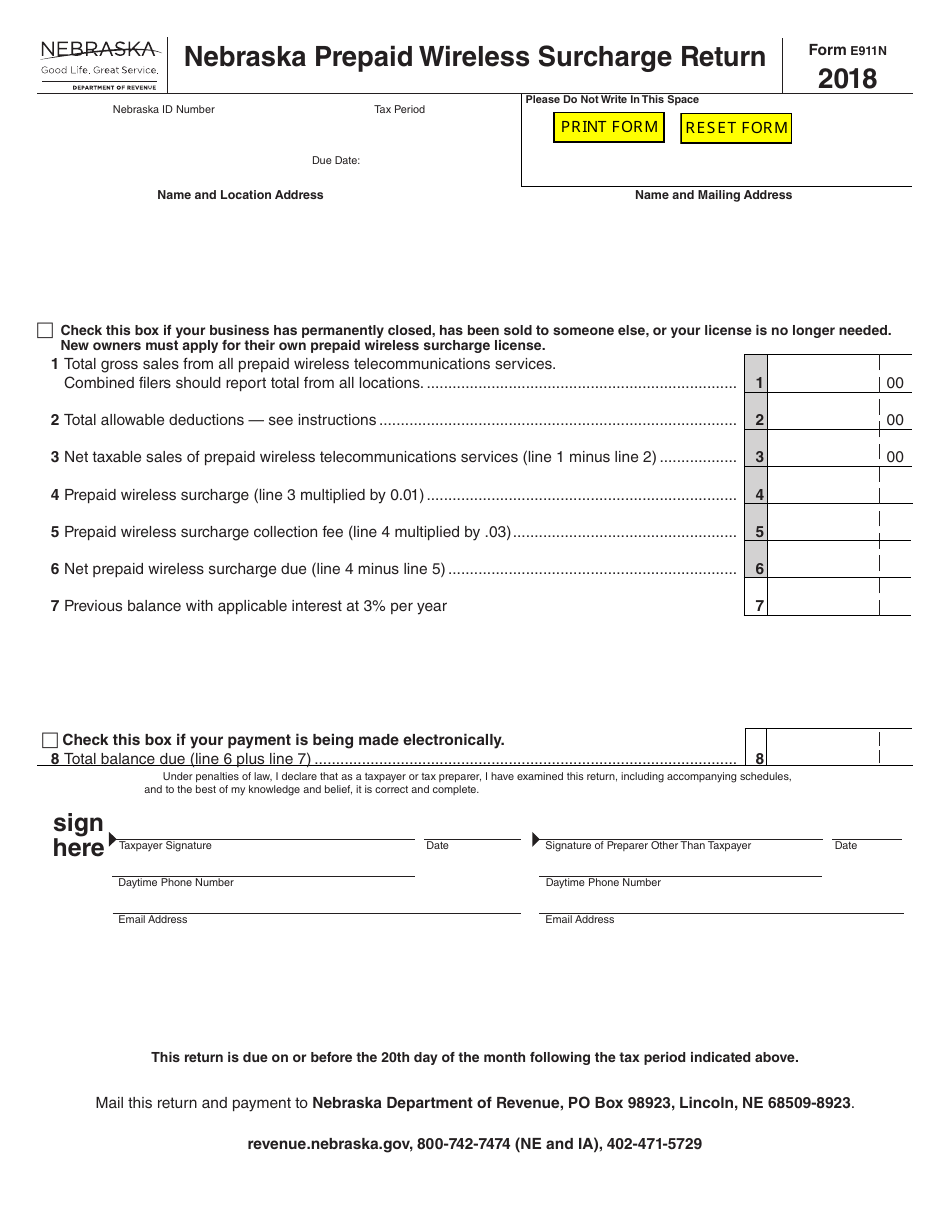 Form E911N Nebraska Prepaid Wireless Surcharge Return - Nebraska, Page 1