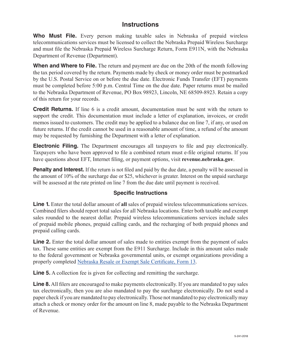 Form E911N Nebraska Prepaid Wireless Surcharge Return - Nebraska, Page 2