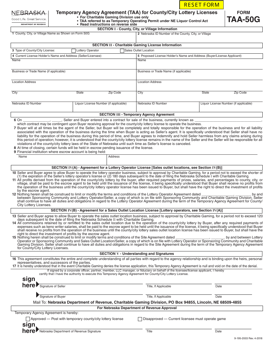 Form TAA-50G Temporary Agency Agreement (Taa) for County / City Lottery Licenses - Nebraska, Page 1