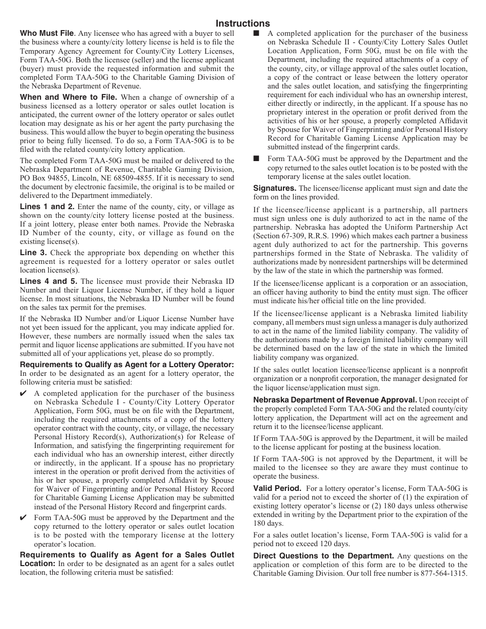 Form TAA-50G Temporary Agency Agreement (Taa) for County / City Lottery Licenses - Nebraska, Page 2