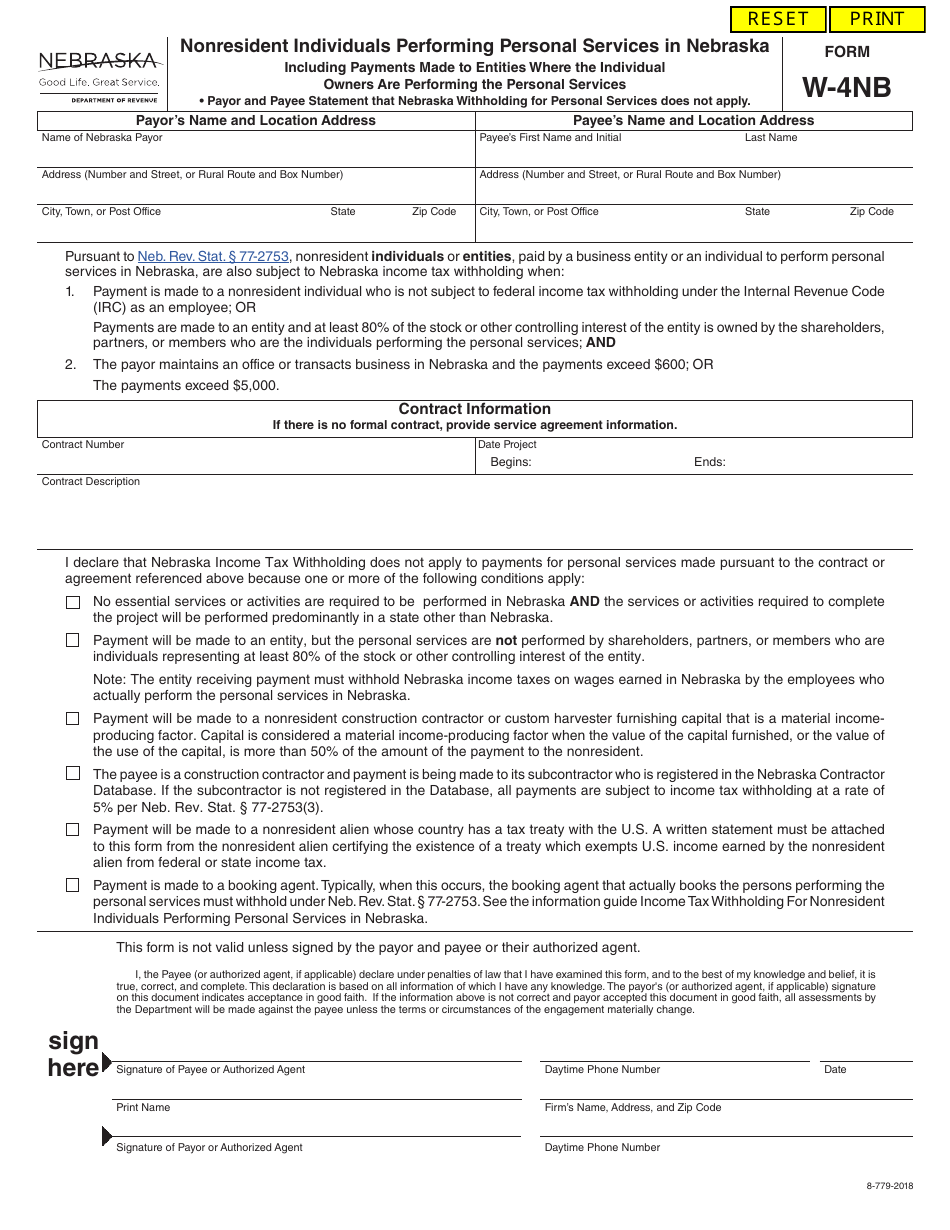 Form W-4NB Nonresident Individuals Performing Personal Services in Nebraska - Nebraska, Page 1