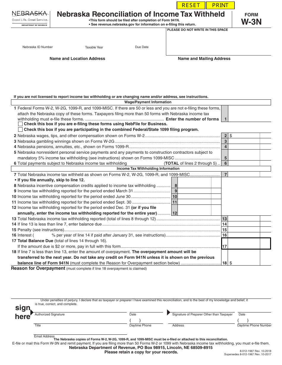 Form W-3N Nebraska Reconciliation of Income Tax Withheld - Nebraska, Page 1