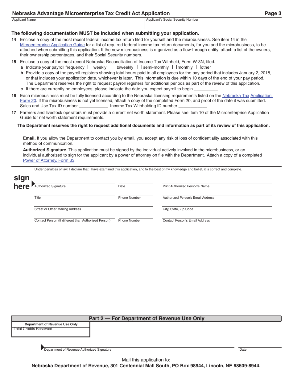 Nebraska Nebraska Advantage Microenterprise Tax Credit Act Application