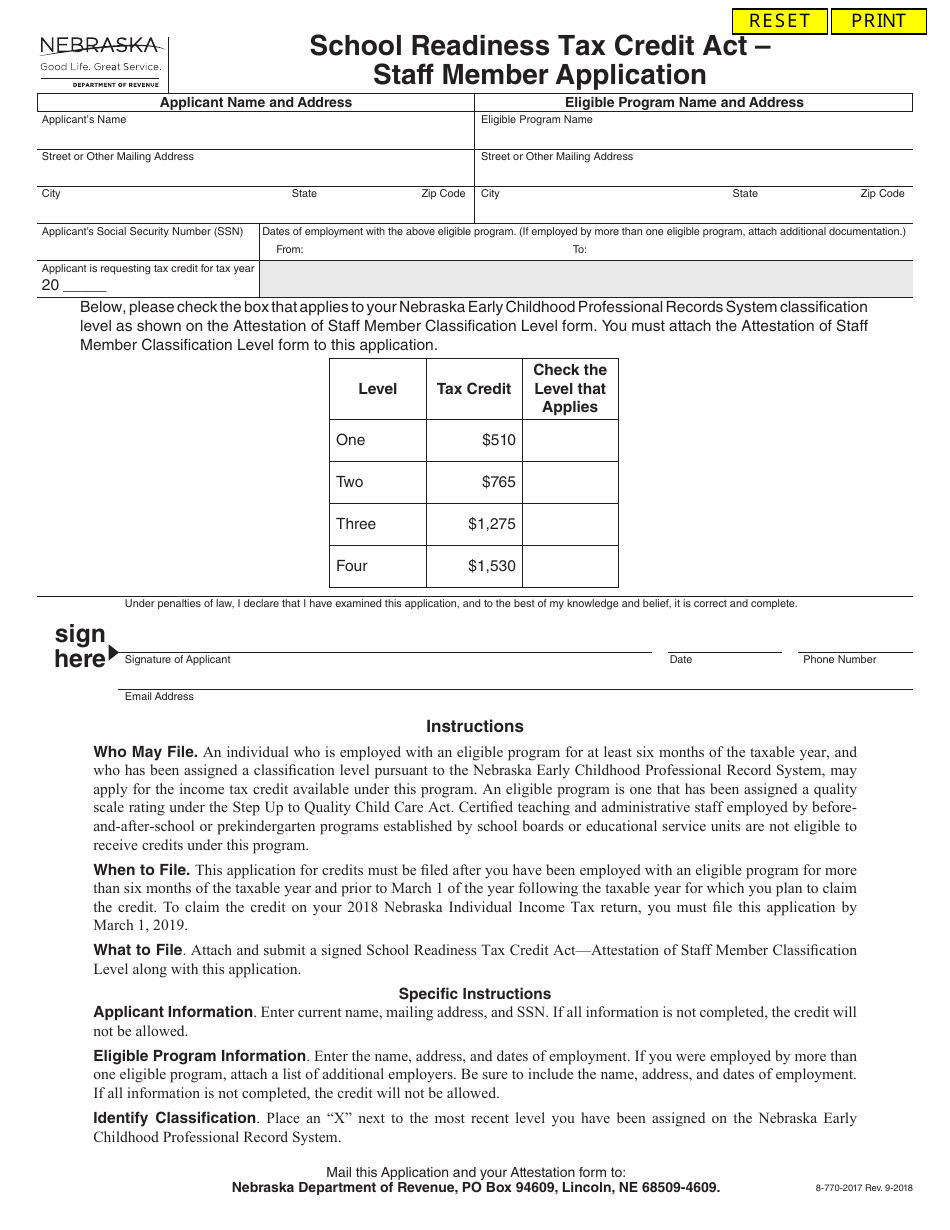 School Readiness Tax Credit Act - Staff Member Application - Nebraska, Page 1