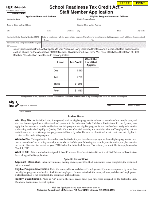 School Readiness Tax Credit Act - Staff Member Application - Nebraska Download Pdf