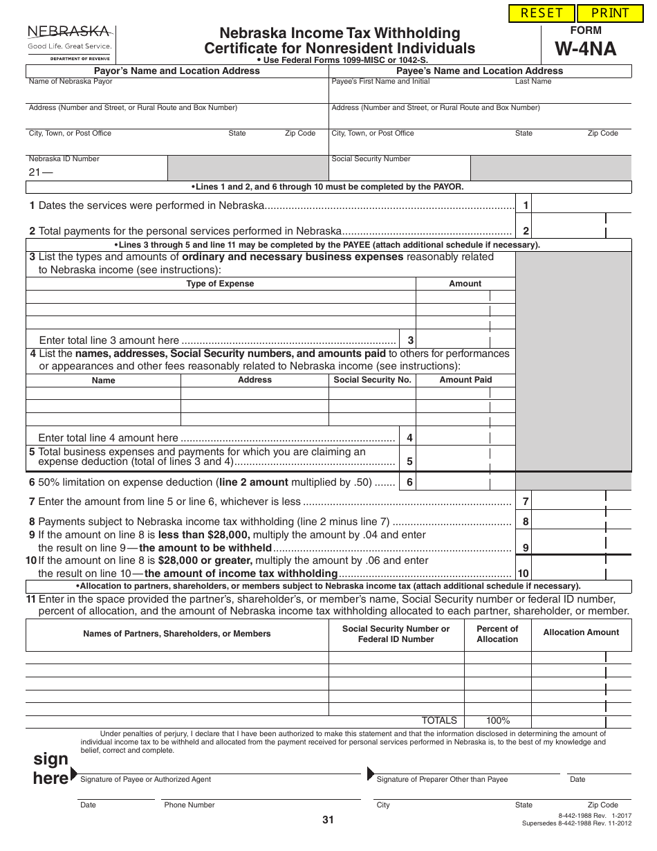 Form W-4NA Nebraska Income Tax Withholding Certificate for Nonresident Individuals - Nebraska, Page 1