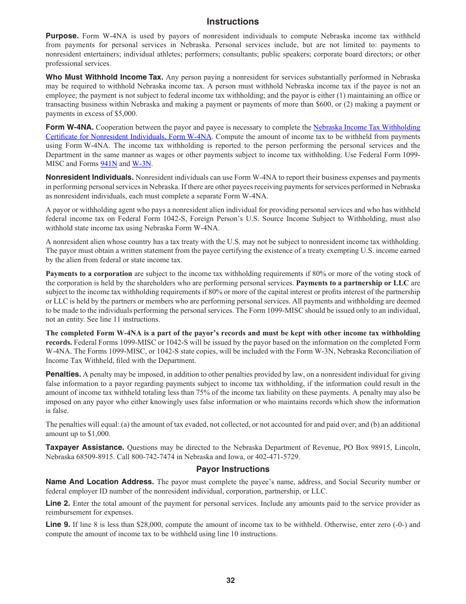 Form W-4NA Nebraska Income Tax Withholding Certificate for Nonresident Individuals - Nebraska, Page 2