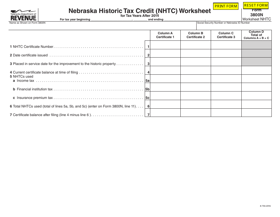 Form 3800N Worksheet NHTC Nebraska Historic Tax Credit (Nhtc) Worksheet - Nebraska, Page 1