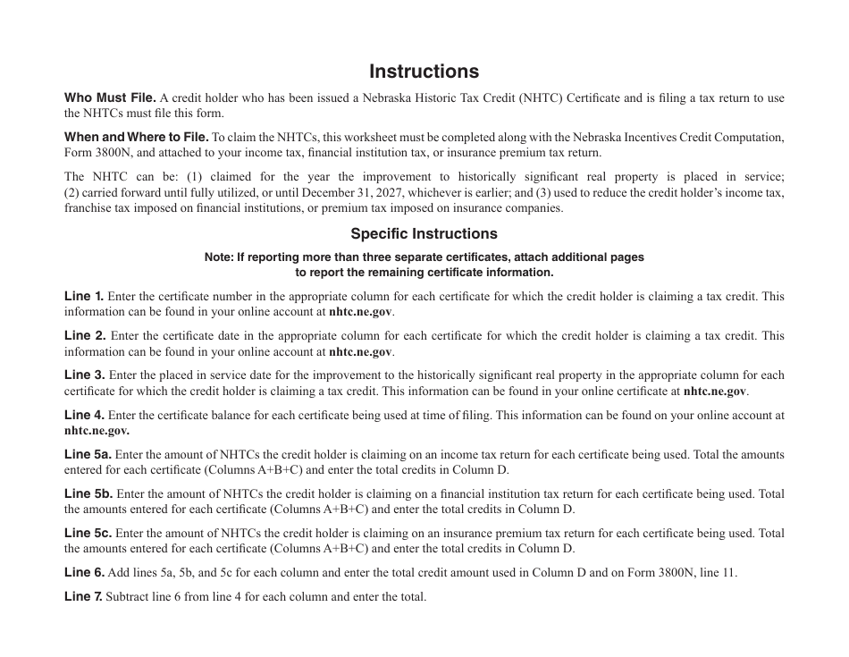 Form 3800N Worksheet NHTC Nebraska Historic Tax Credit (Nhtc) Worksheet - Nebraska, Page 2