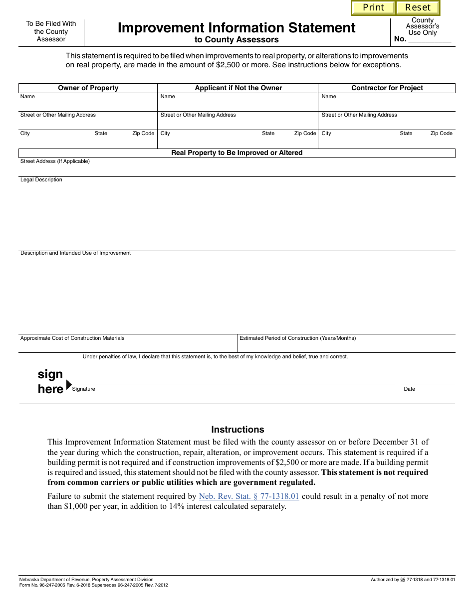 Form 96-247-2005 Improvement Information Statement - Nebraska, Page 1
