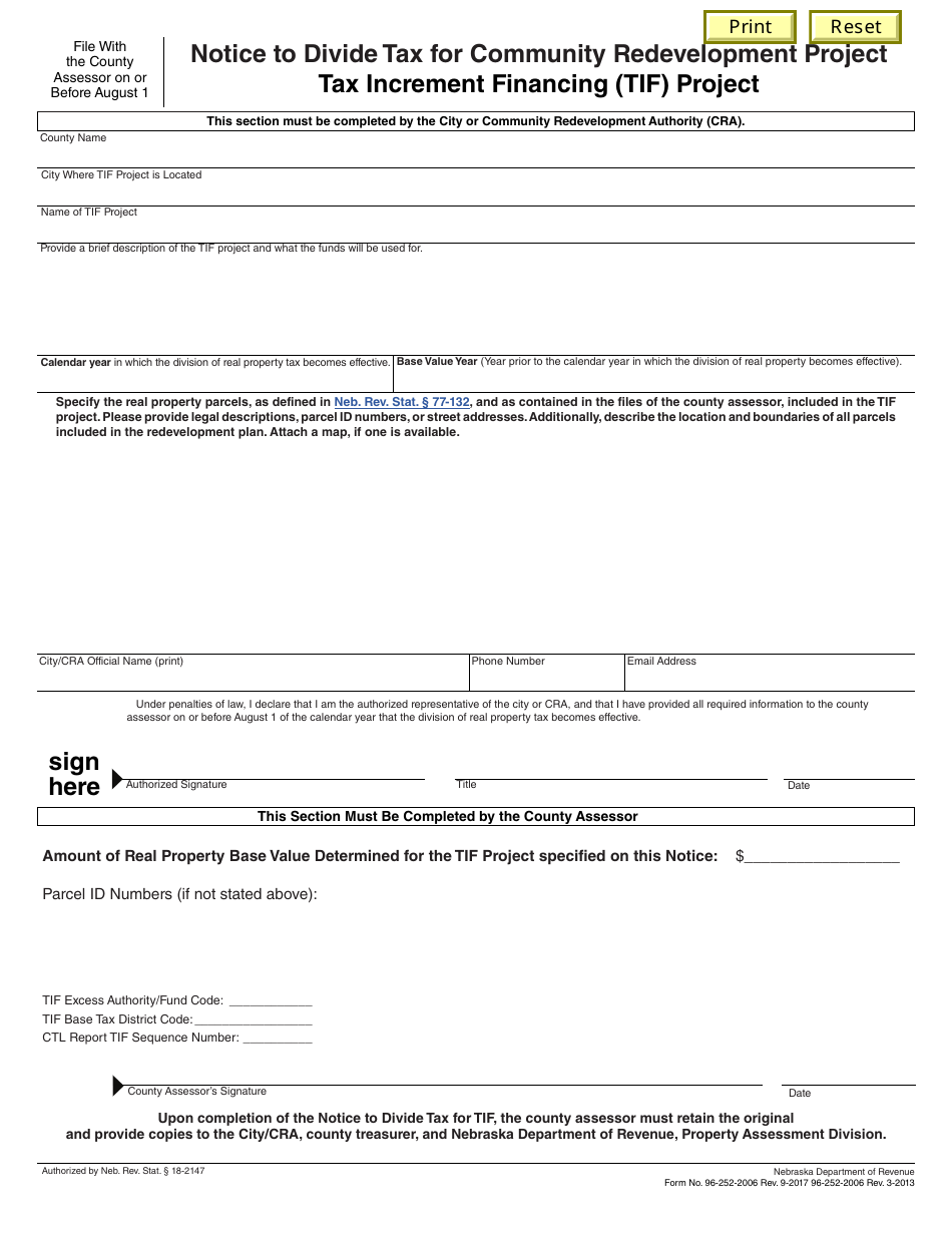 Form 96-252-2006 Notice to Divide Tax for Community Redevelopment Project Tax Increment Financing (Tif) Project - Nebraska, Page 1