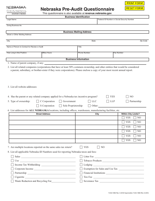 Nebraska Pre-audit Questionnaire - Nebraska Download Pdf