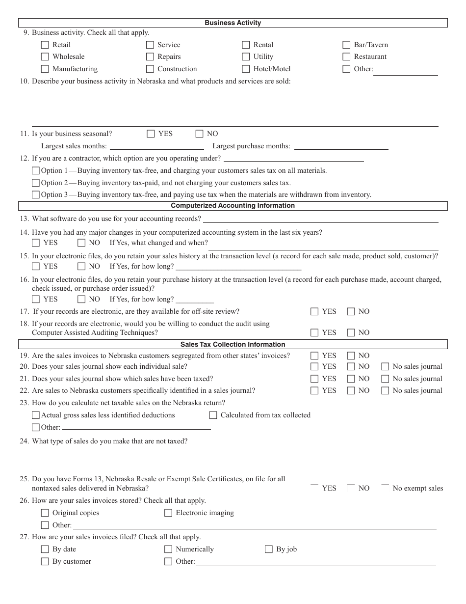 Nebraska Pre-audit Questionnaire - Nebraska, Page 2
