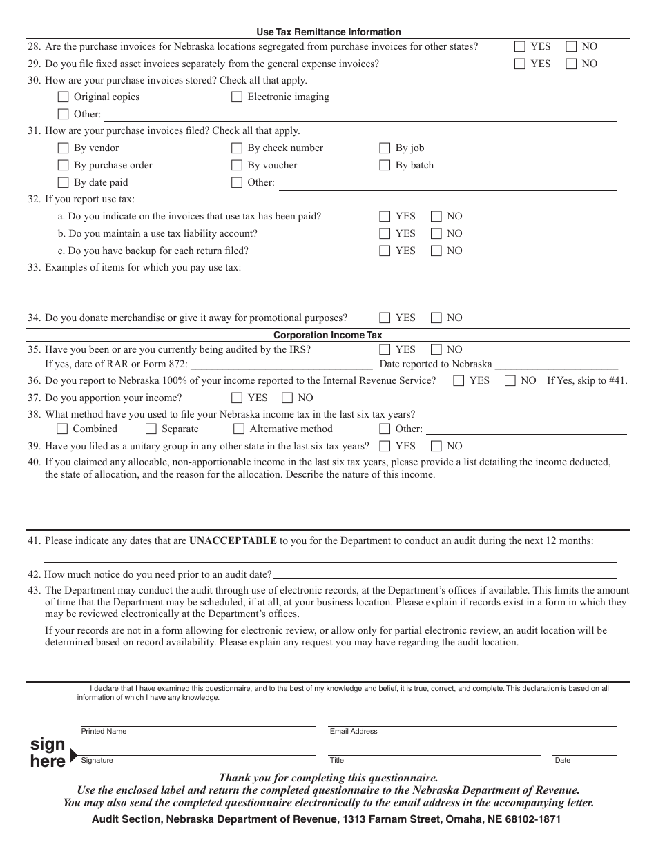 Nebraska Pre-audit Questionnaire - Nebraska, Page 3
