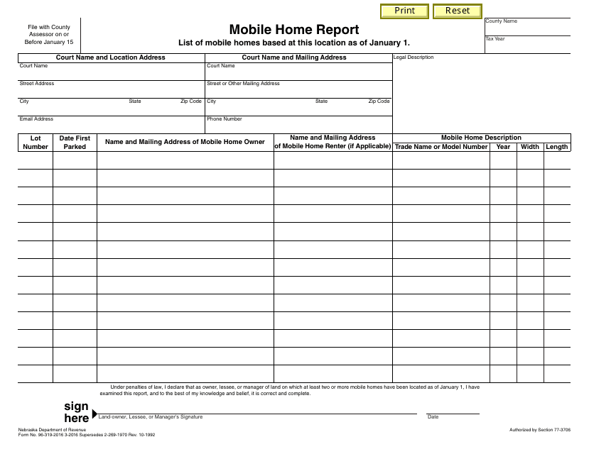 Mobile Home Report Form - Nebraska Download Pdf