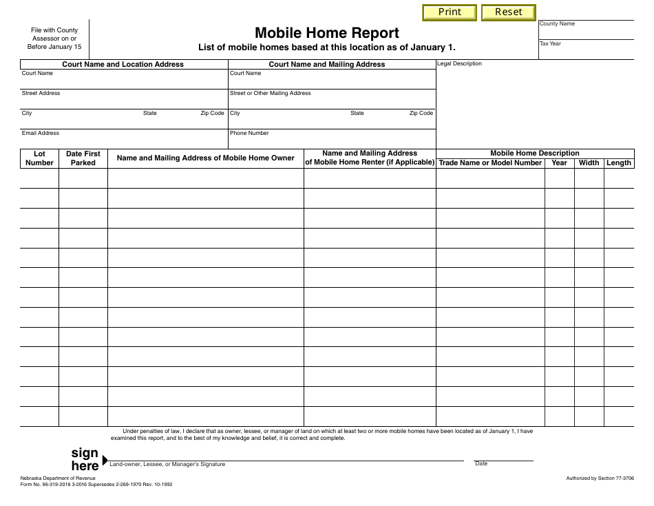 Mobile Home Report Form - Nebraska, Page 1