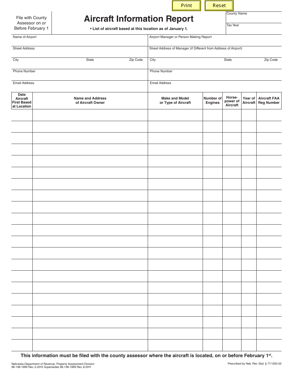 Aircraft Information Report Form - Nebraska, Page 1