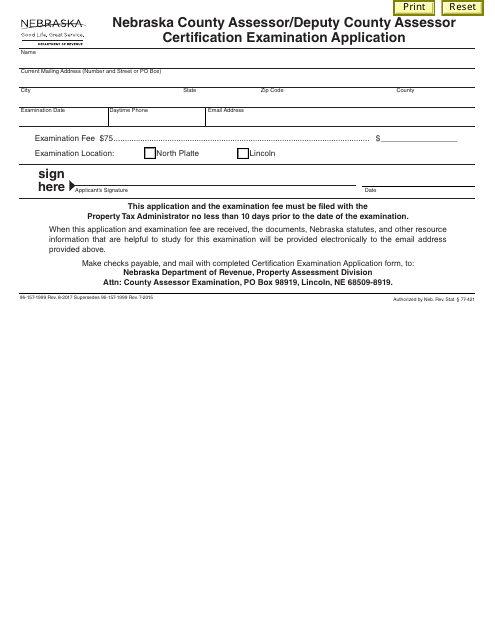 Nebraska County Assessor/Deputy County Assessor Certification Examination Application Form - Nebraska Download Pdf