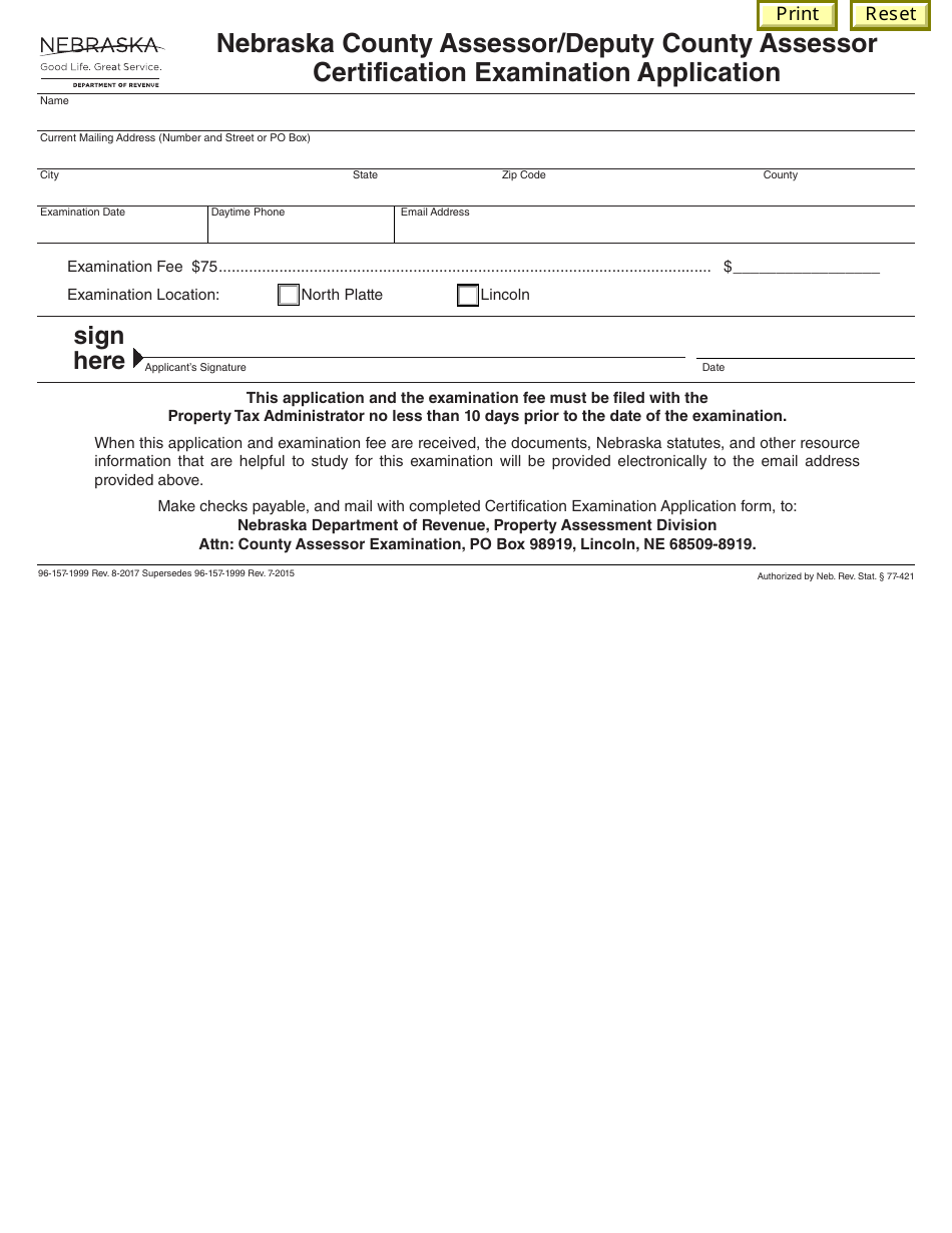 Nebraska County Assessor/Deputy County Assessor Certification Examination Application Form - Nebraska, Page 1