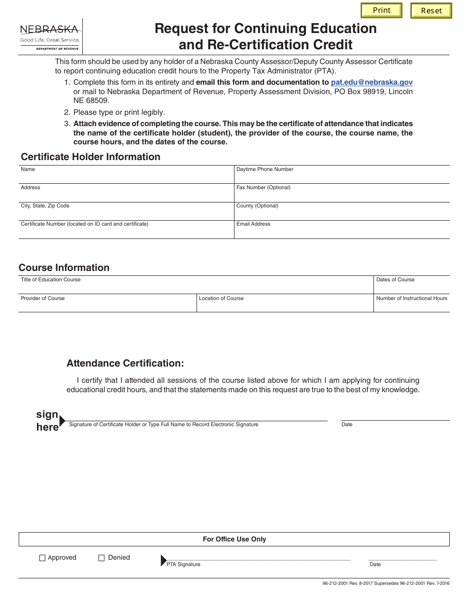 Request for Continuing Education and Re-certification Credit - Nebraska, Page 1