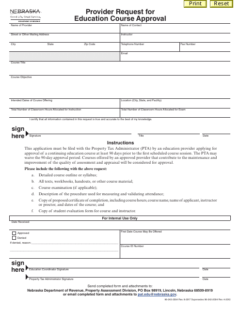 Provider Request for Education Course Approval - Nebraska