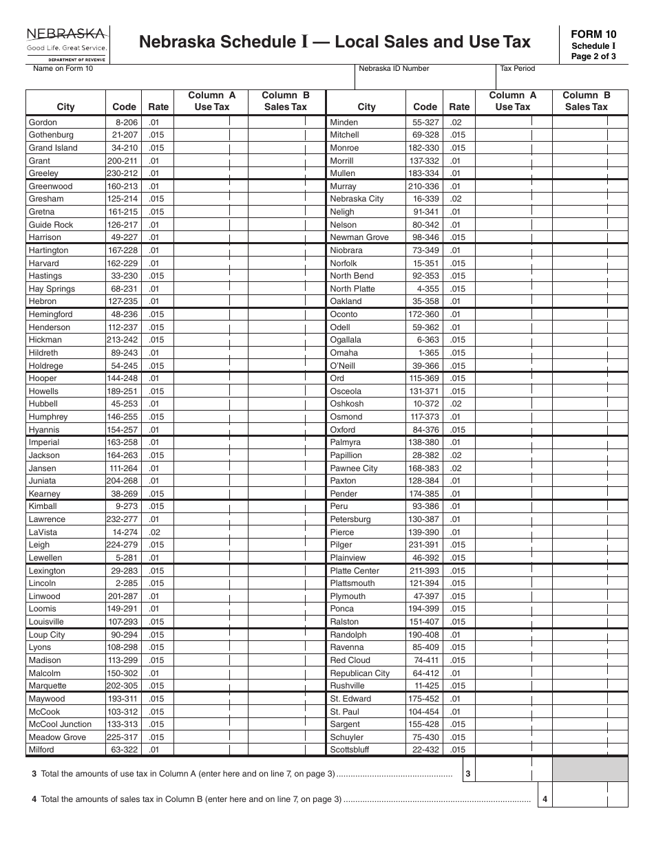Form 10 Schedule I Local Sales and Use Tax - Nebraska, Page 2
