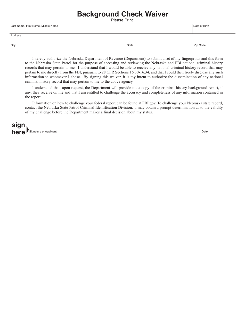 Nebraska Background Check Waiver Fill Out, Sign Online and Download